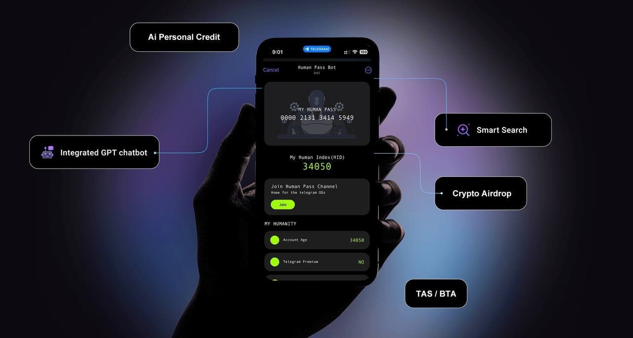 Goldverse review: Image shows a futuristic mobile app interface for a "Human Pass Bot" displayed on a smartphone held by a hand in a dark glove. The screen displays a "My Human Pass" card with a number, and a "Human Index" score. Around the central phone image are floating labels for various features like "AI Personal Credit", "Integrated GPT chatbot", "Smart Search", "Crypto Airdrop", and "TAS / BTA". The background is a gradient of blue and purple, giving a high-tech feel.