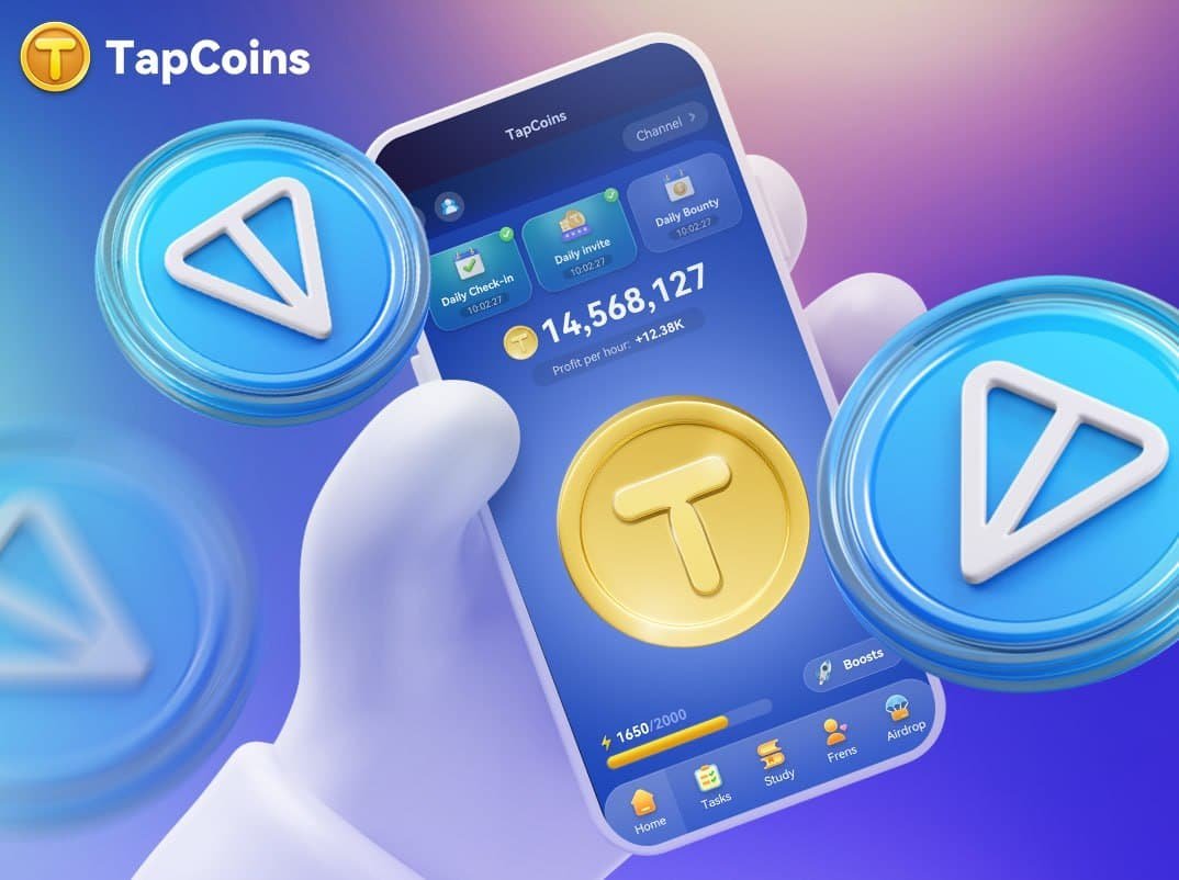 Alt text: A promotional image for Tapcoins, a cryptocurrency app. The image shows a smartphone displaying the Tapcoins app interface with a balance of 14,568,127 coins and various features like Daily Check-in and Boosts. Surrounding the phone are large 3D icons of the Tapcoins logo, a stylized "T" on blue and gold backgrounds. The overall design suggests a Tapcoins review or overview of the app's functionality and rewards system.