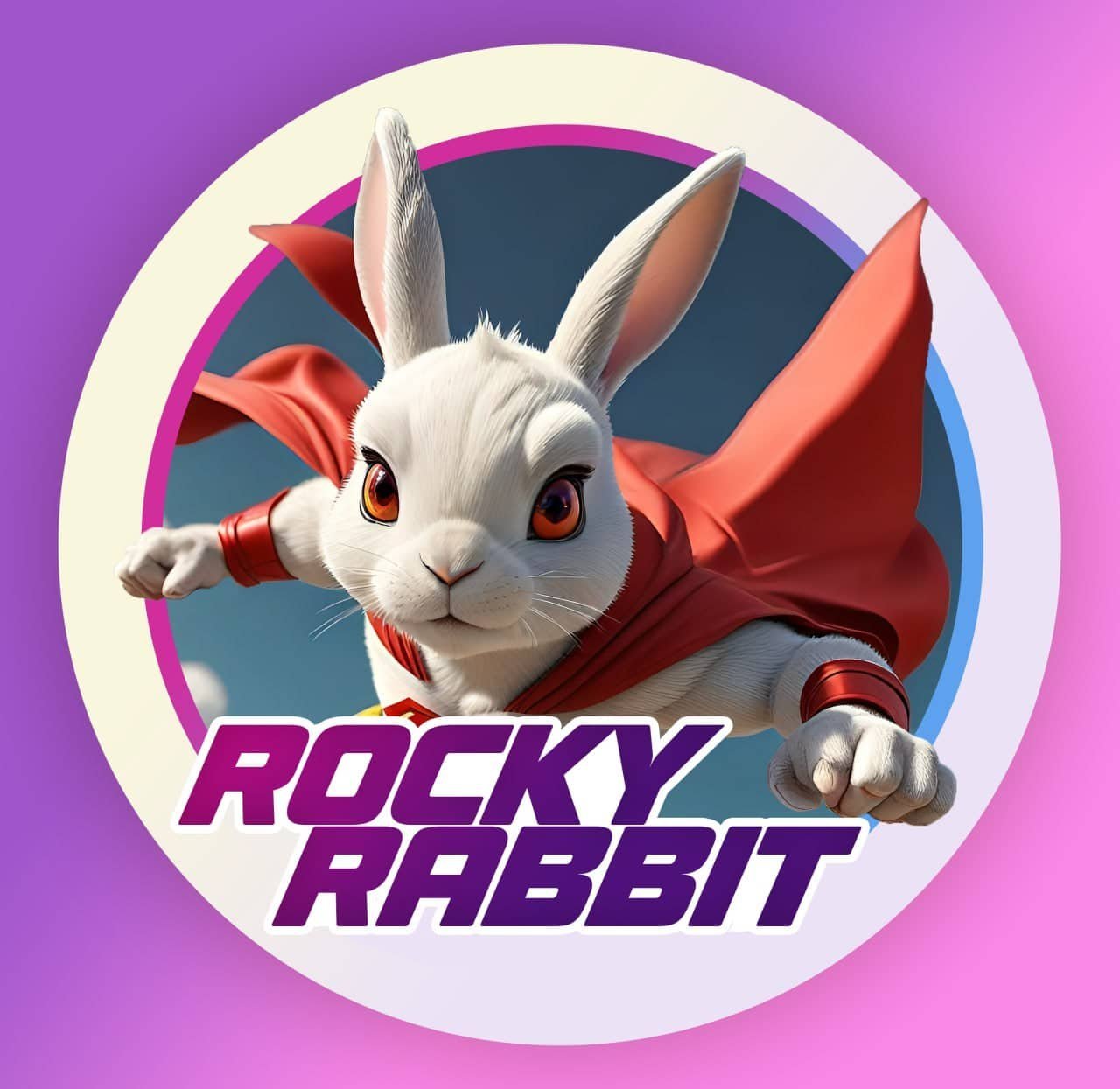 Promotional image for Rocky Rabbit Review. A circular graphic featuring a 3D animated white rabbit wearing a red superhero cape. The rabbit has large ears, orange eyes, and a determined expression. It appears to be flying or leaping forward with outstretched paws. The text 'ROCKY RABBIT' is displayed prominently below the character in purple letters. The background is a mix of white, dark blue, and purple colors with circular design elements.