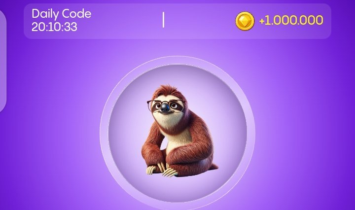 Alt text: GemZ Daily Cipher game interface showing a cartoon sloth wearing glasses. Timer displays 20:10:33 for the daily code. Coin balance of +1,000,000 visible. Purple background with circular frame containing the sloth character.